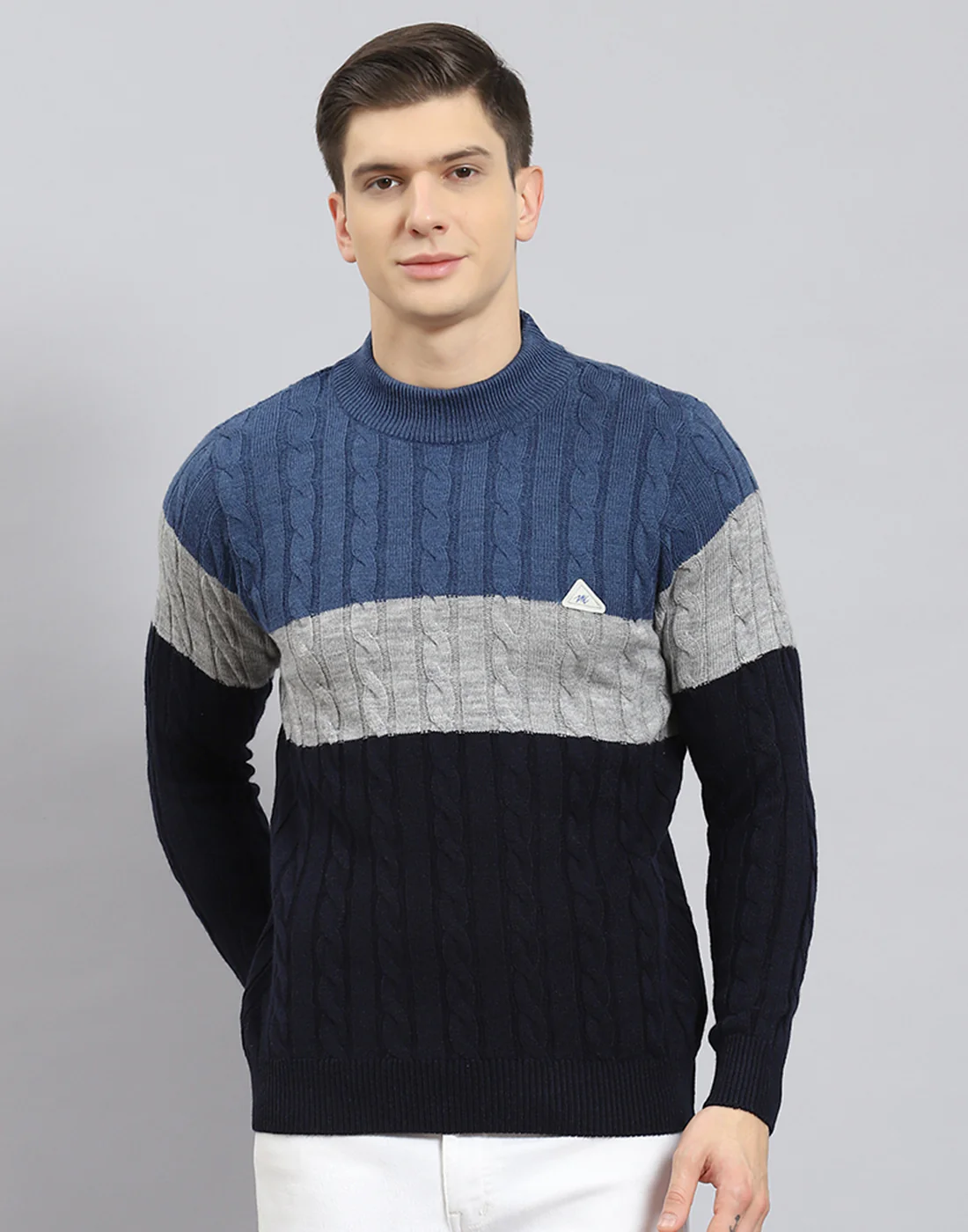 Men Navy Blue Self Design T Neck Full Sleeve Sweater - Image 3