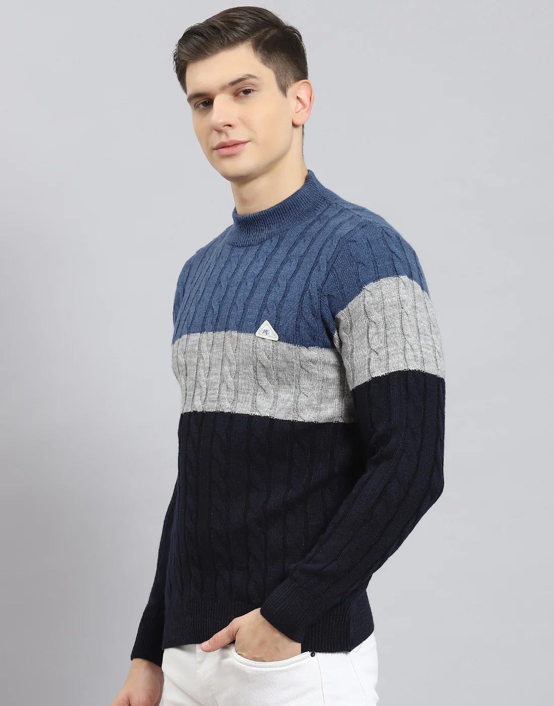 Men Navy Blue Self Design T Neck Full Sleeve Sweater - Image 4