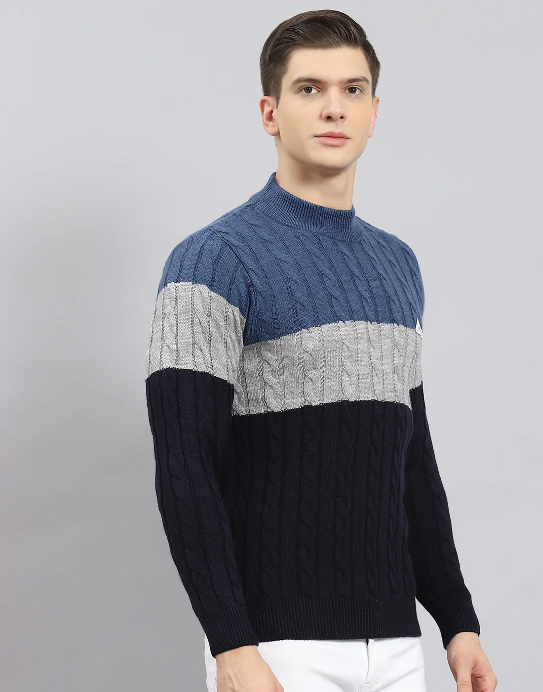 Men Navy Blue Self Design T Neck Full Sleeve Sweater - Image 6