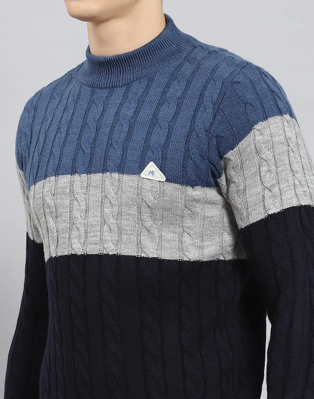 Men Navy Blue Self Design T Neck Full Sleeve Sweater - Image 8