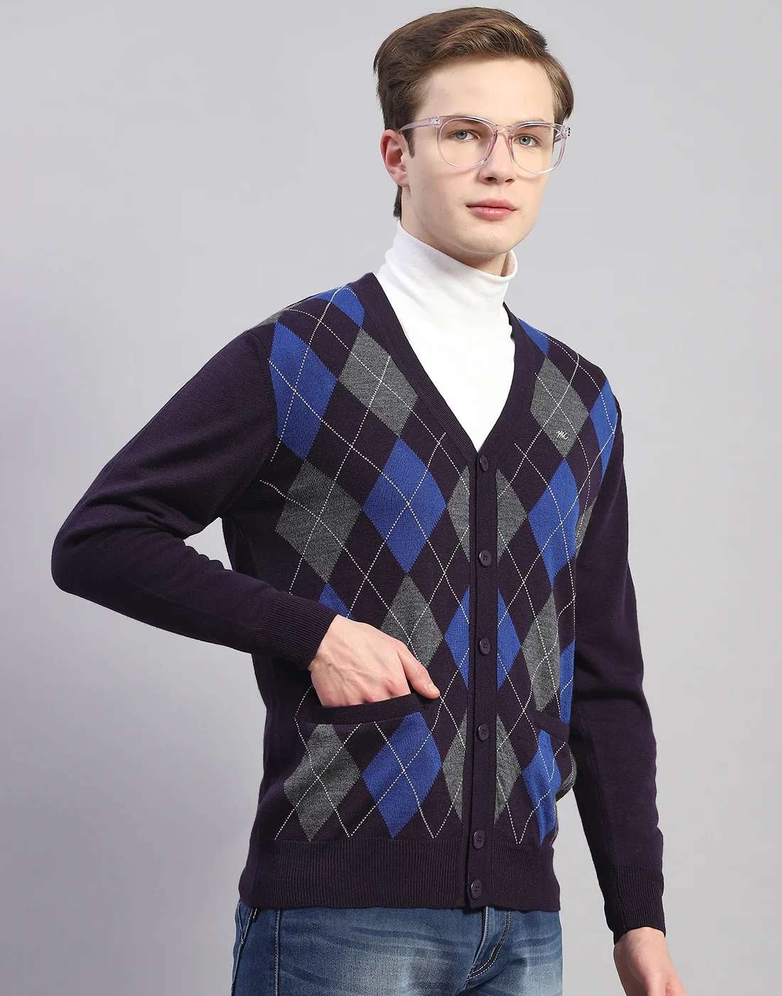 Men Navy Blue Self Design V Neck Full Sleeve Cardigan - Image 5