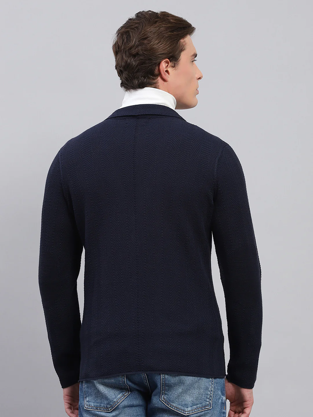 Men Navy Blue Self Design V Neck Full Sleeve Coat - Image 5