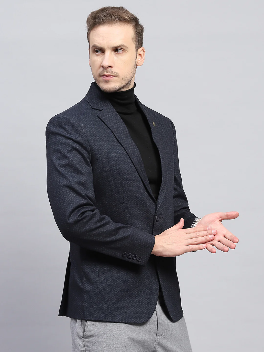 Men Navy Blue Self Design V Neck Full Sleeve Coat - Image 4