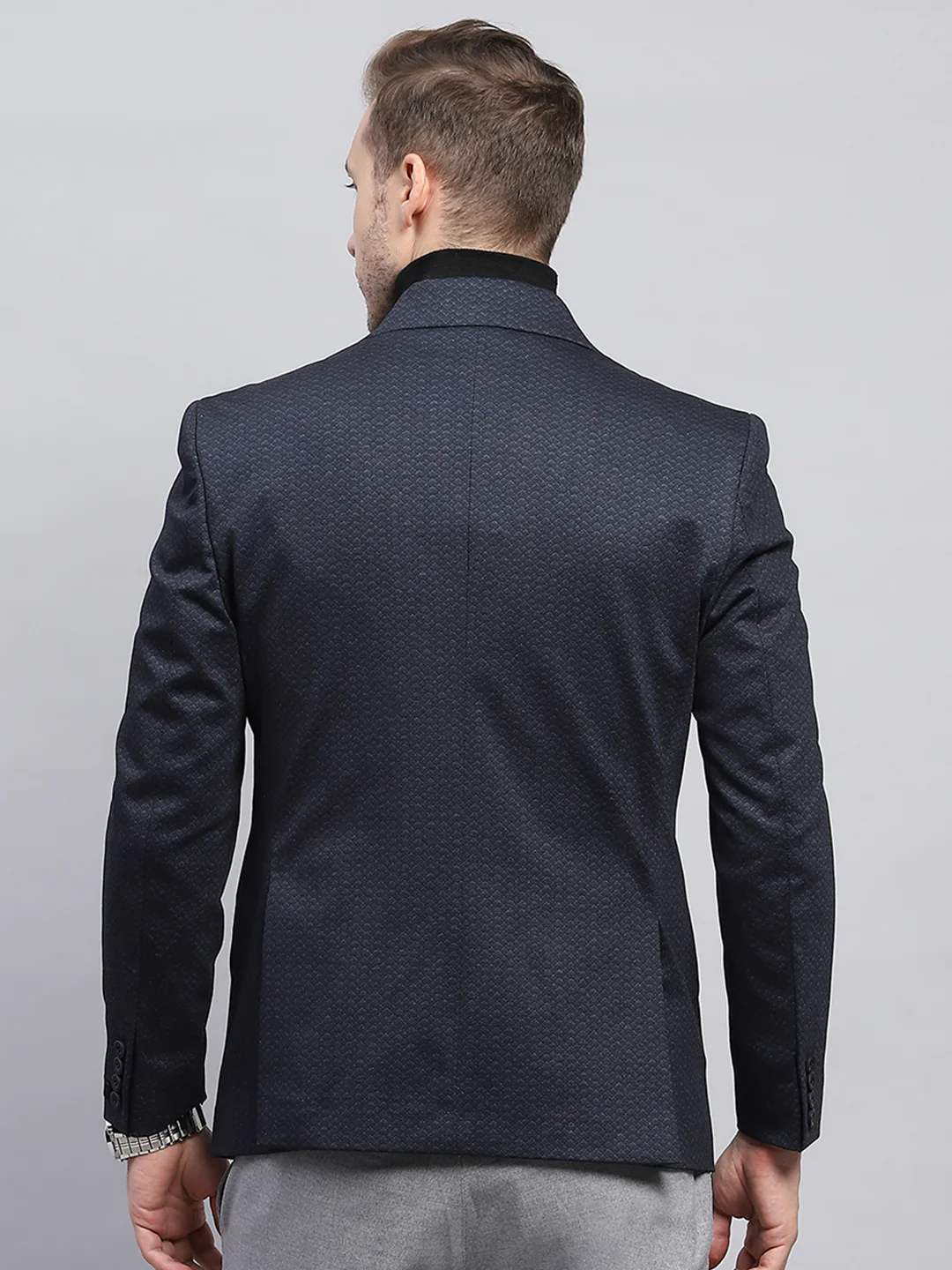 Men Navy Blue Self Design V Neck Full Sleeve Coat - Image 5