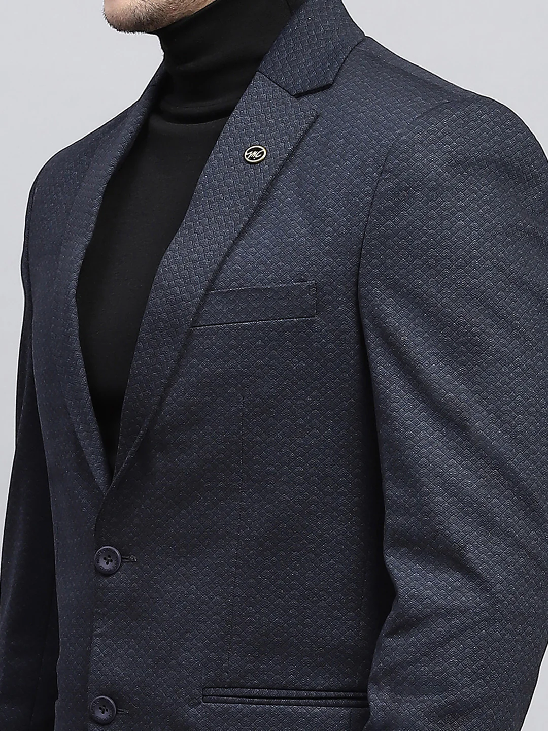 Men Navy Blue Self Design V Neck Full Sleeve Coat - Image 6