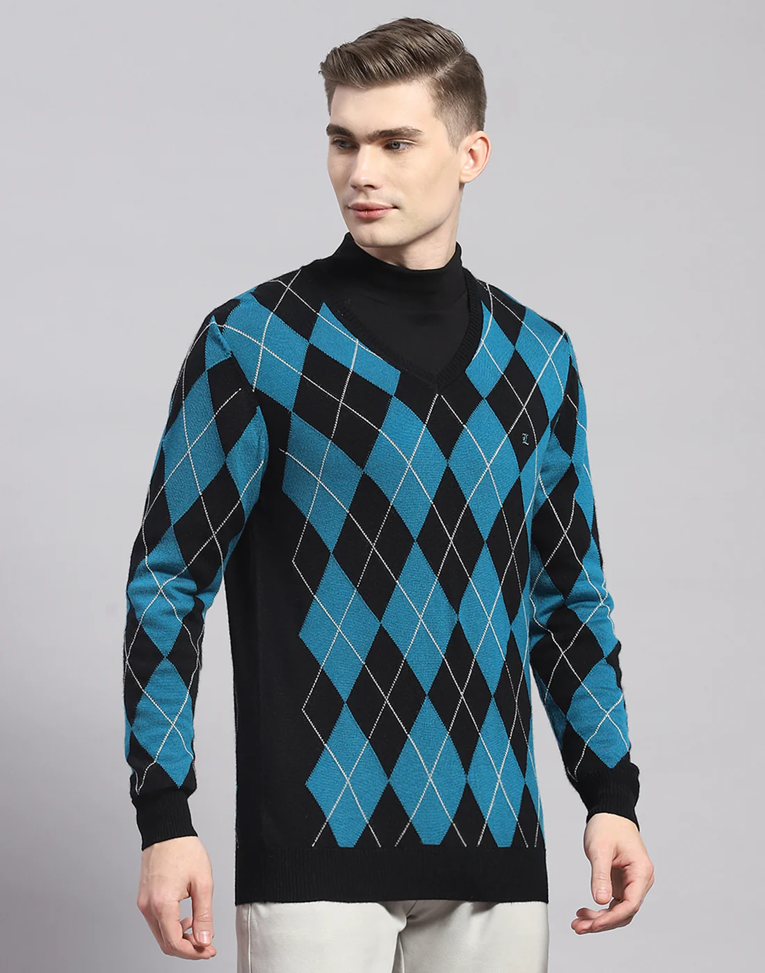 Men Navy Blue Self Design V Neck Full Sleeve Pullover - Image 4