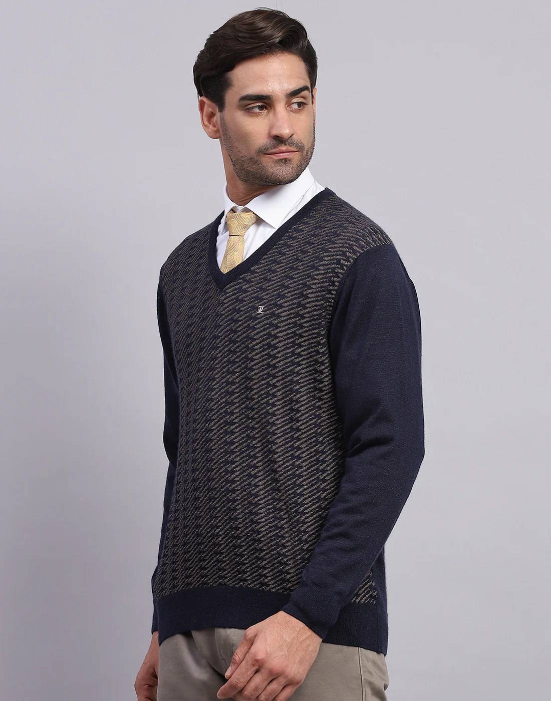 Men Navy Blue Self Design V Neck Full Sleeve Pullover - Image 3