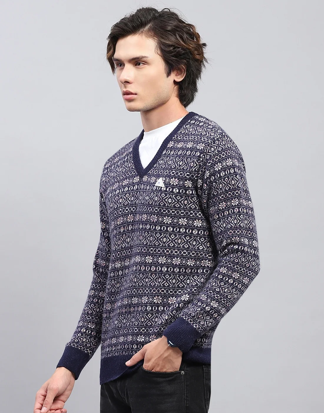 Men Navy Blue Self Design V Neck Full Sleeve Pullover - Image 3