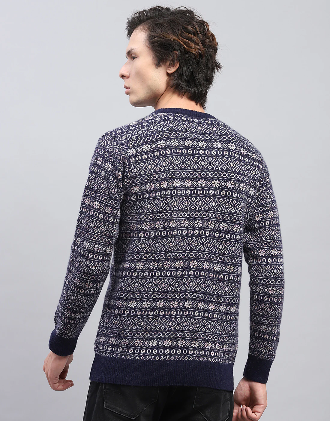 Men Navy Blue Self Design V Neck Full Sleeve Pullover - Image 5