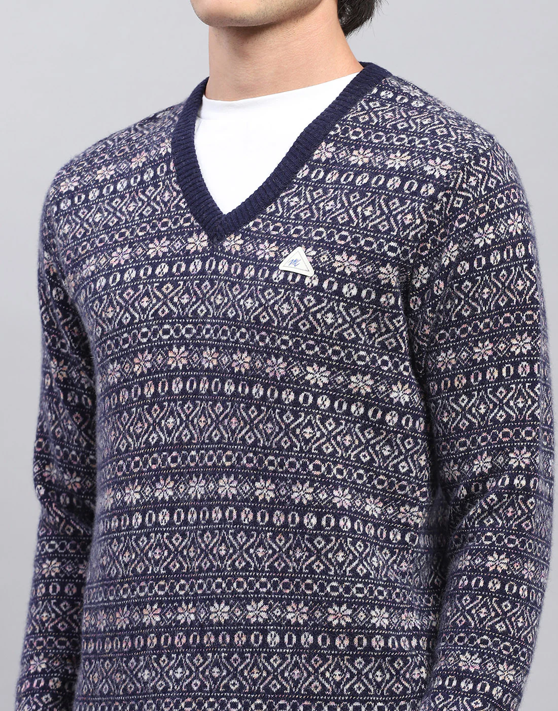 Men Navy Blue Self Design V Neck Full Sleeve Pullover - Image 7