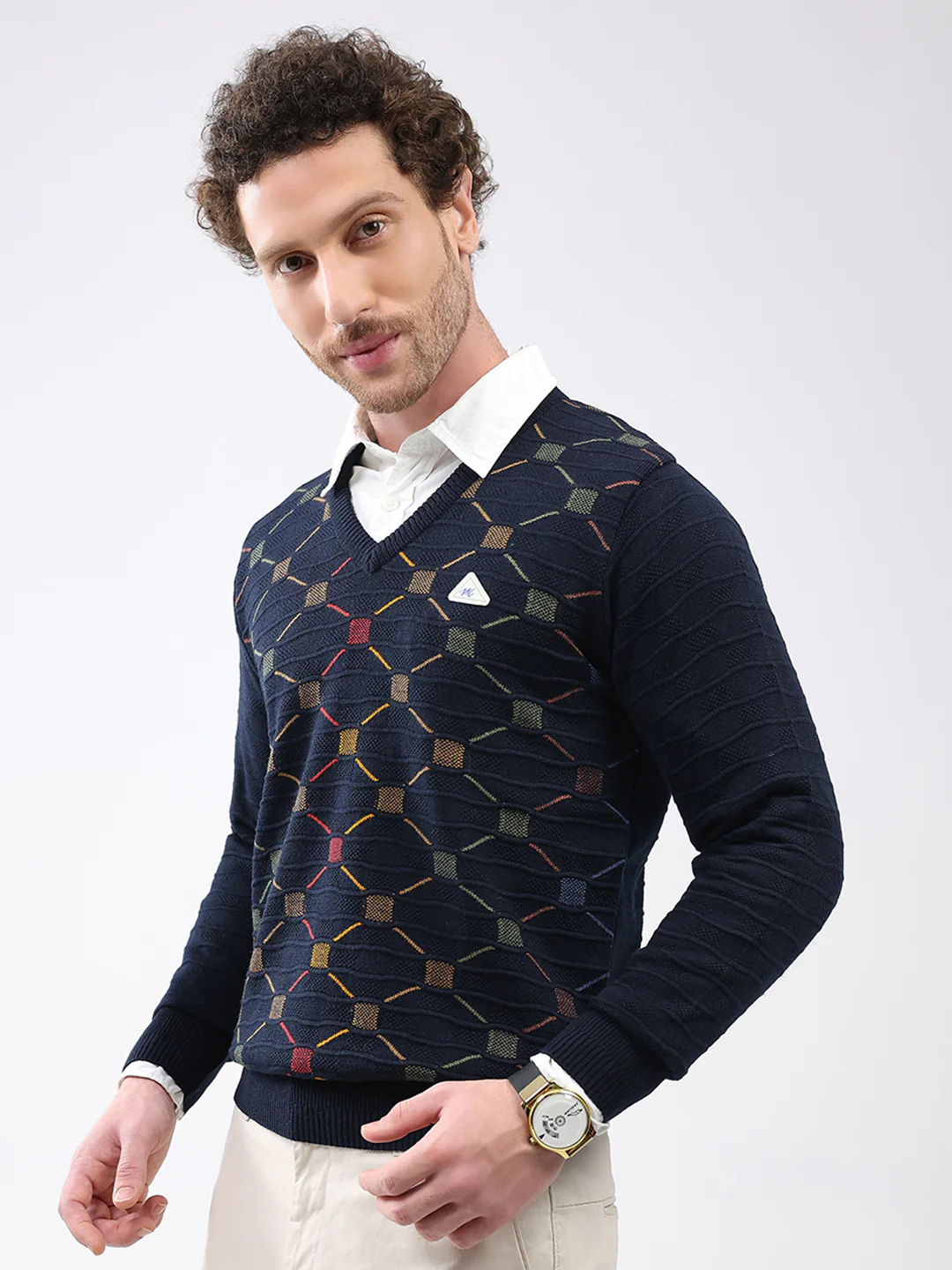 Men Navy Blue Self Design V Neck Full Sleeve Pullover - Image 3