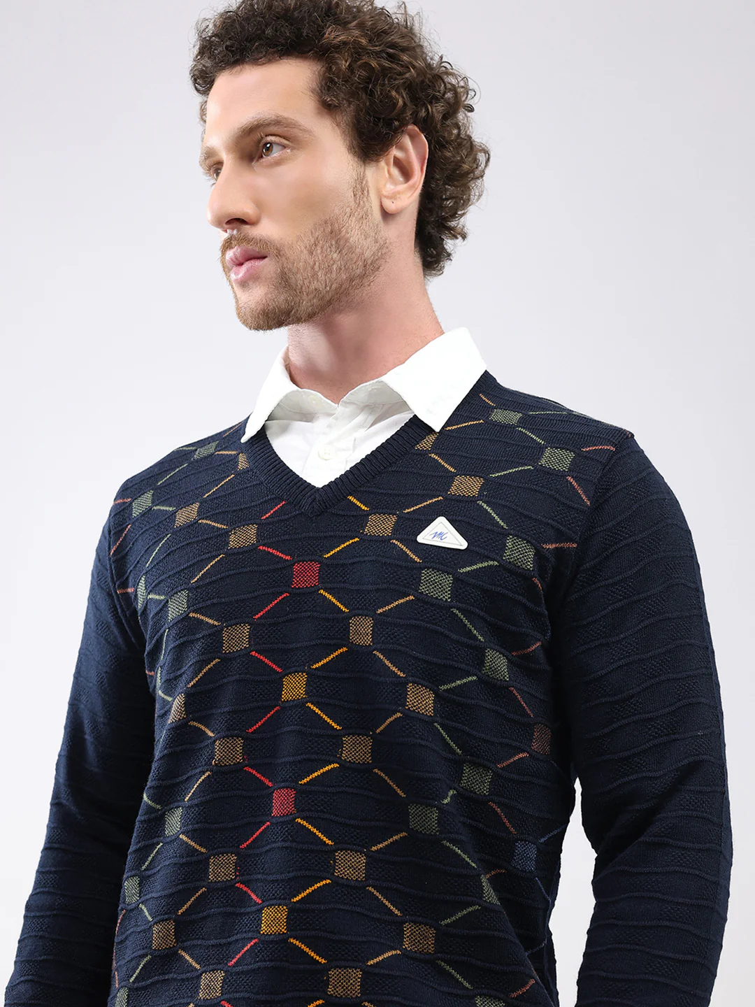Men Navy Blue Self Design V Neck Full Sleeve Pullover - Image 6