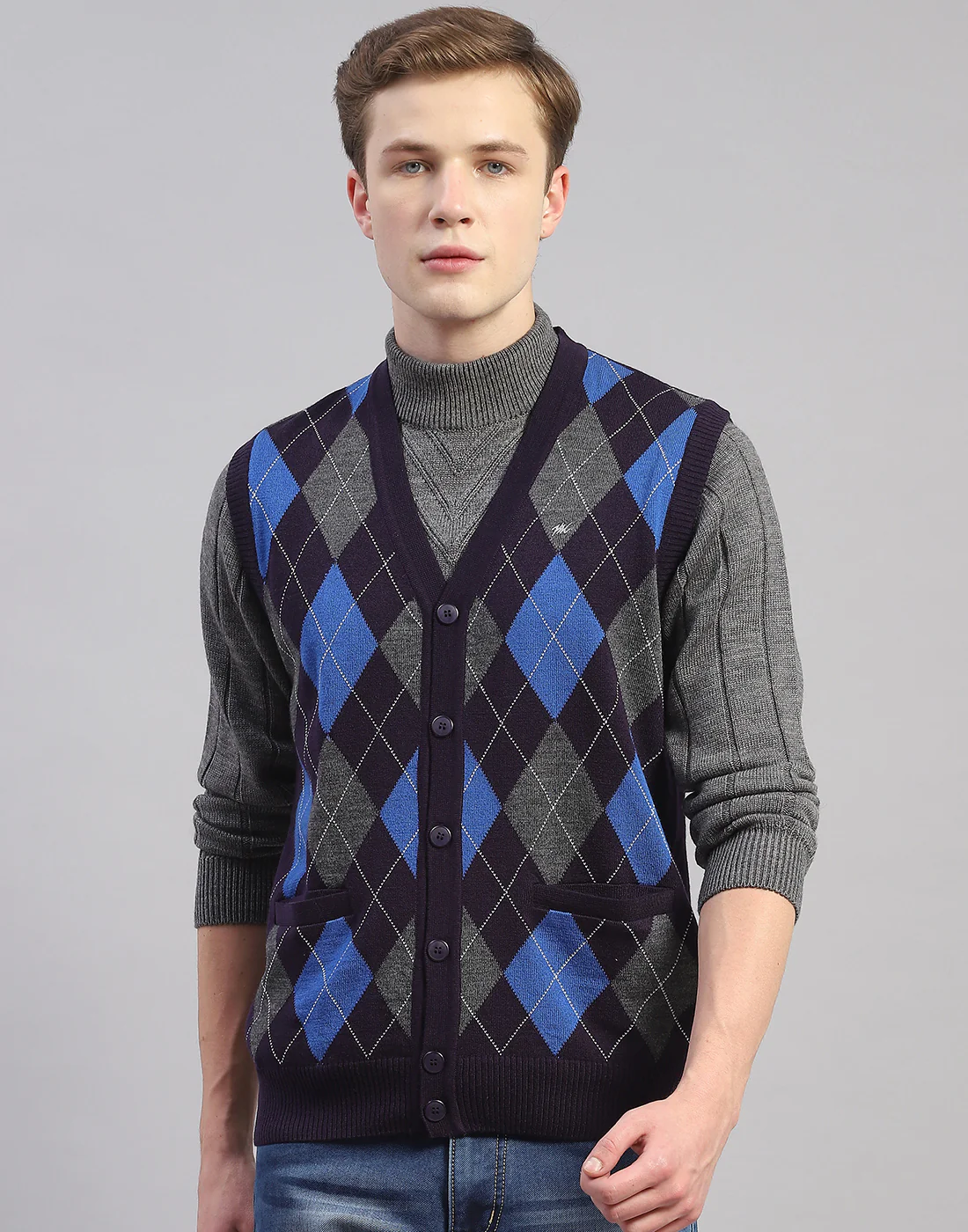 Men Navy Blue Self Design V Neck Sleeveless Cardigan - Image 2