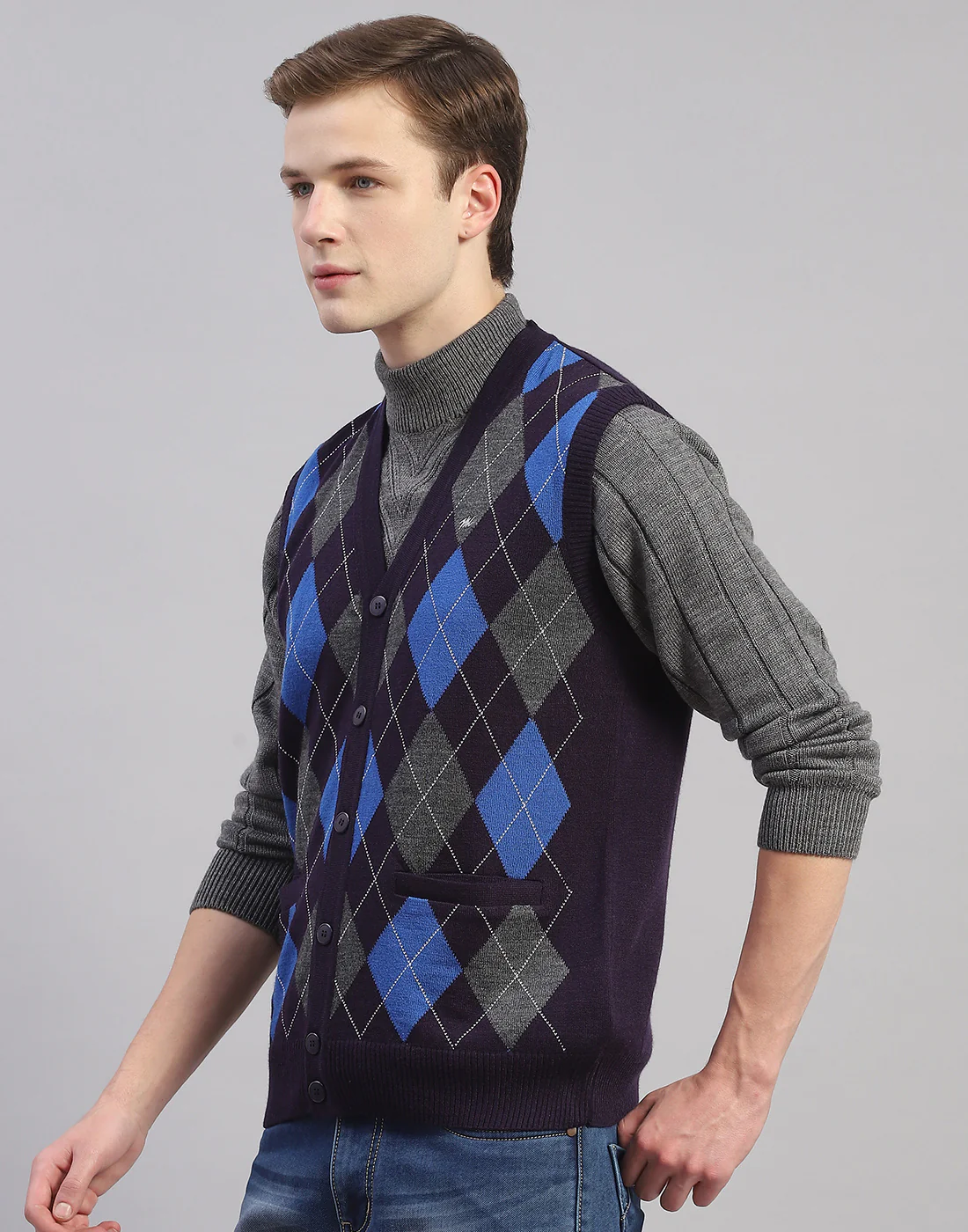 Men Navy Blue Self Design V Neck Sleeveless Cardigan - Image 3
