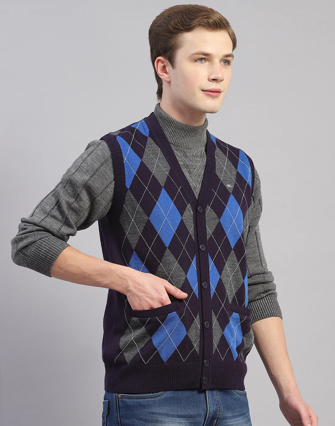 Men Navy Blue Self Design V Neck Sleeveless Cardigan - Image 4