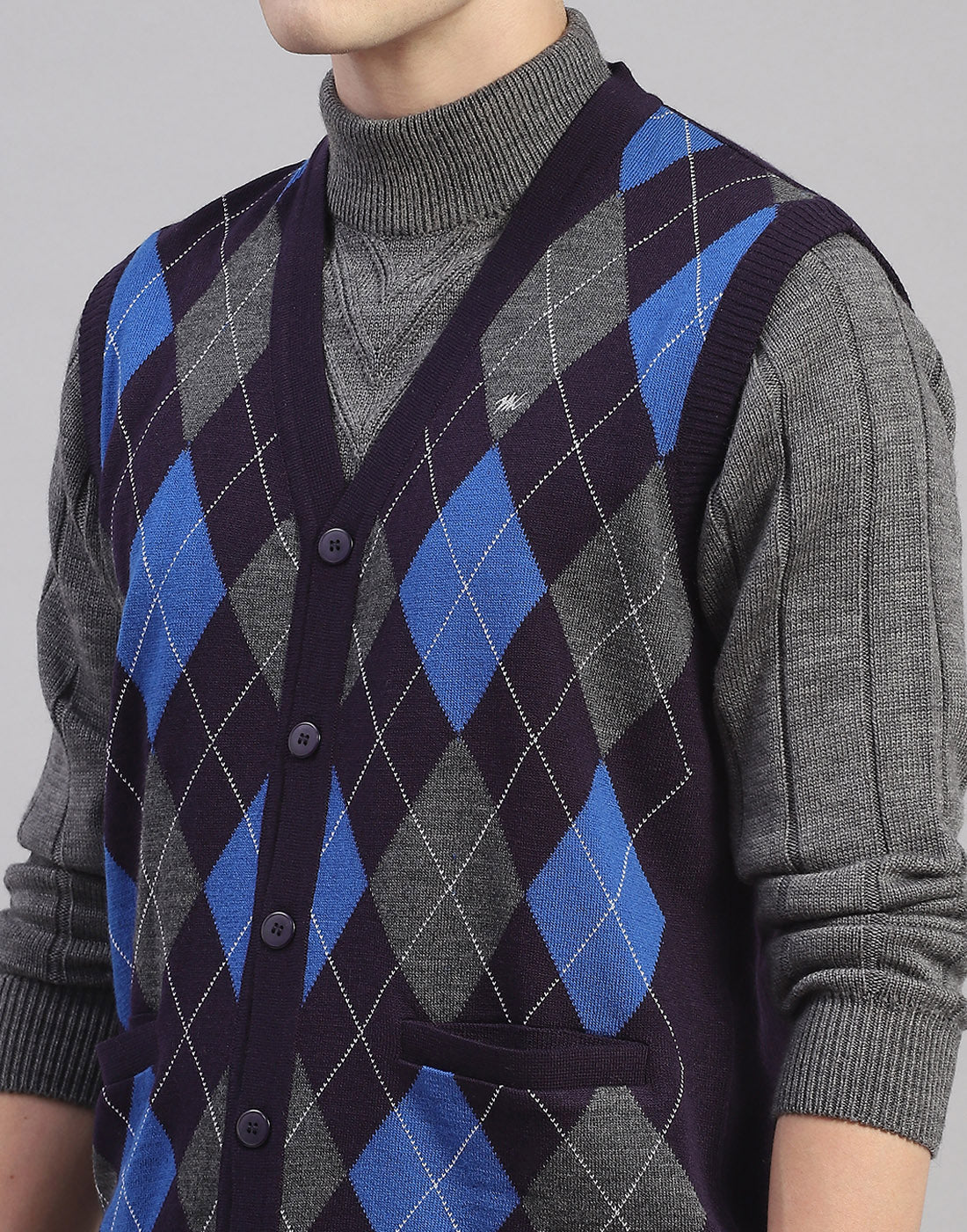 Men Navy Blue Self Design V Neck Sleeveless Cardigan - Image 7