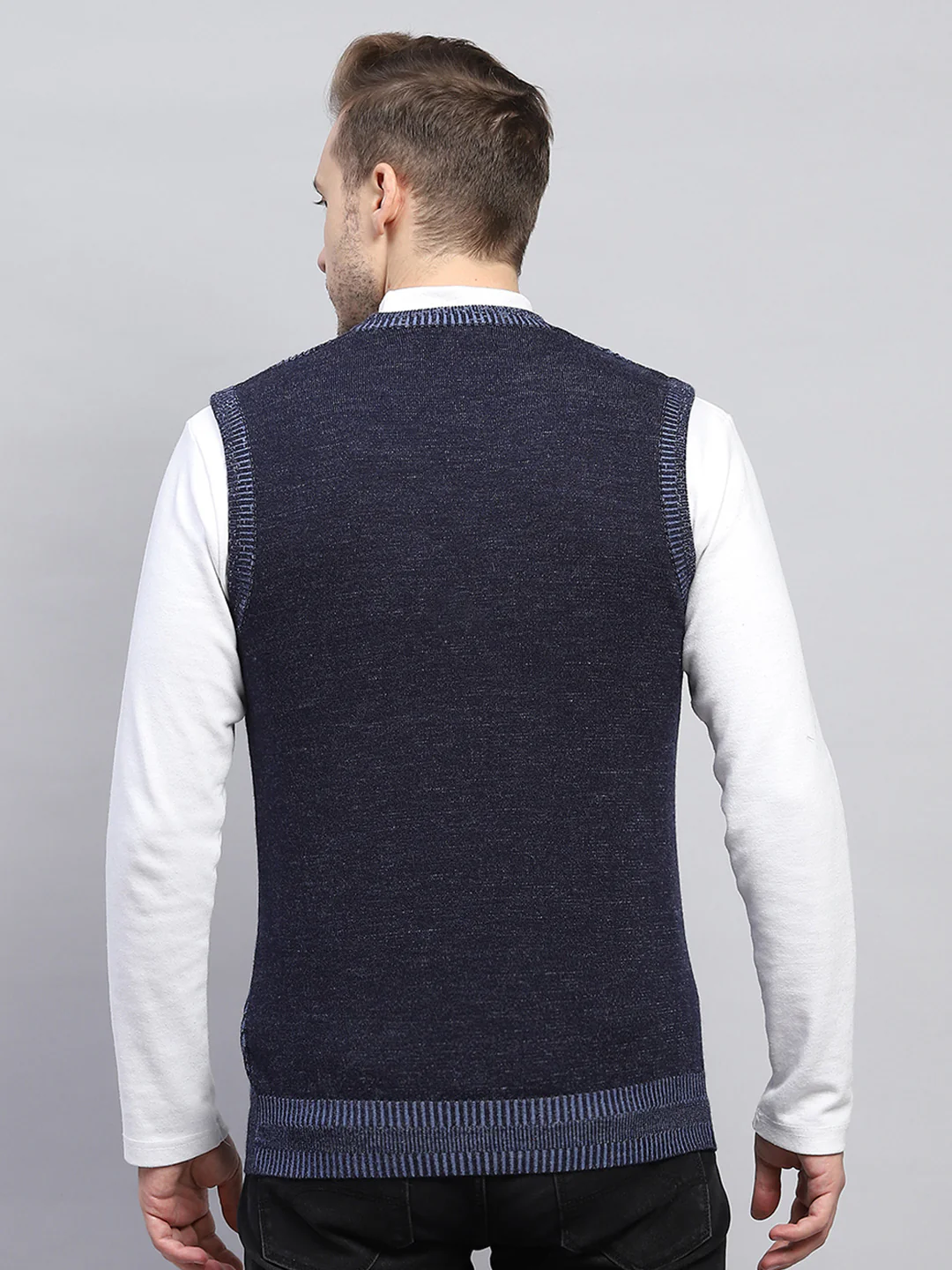Men Navy Blue Self Design V Neck Sleeveless Sweater - Image 5