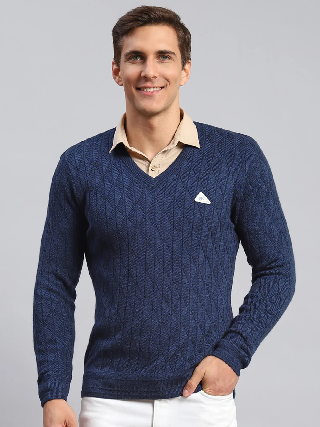 Men Navy Blue Self Design Wool blend Pullover - Image 2