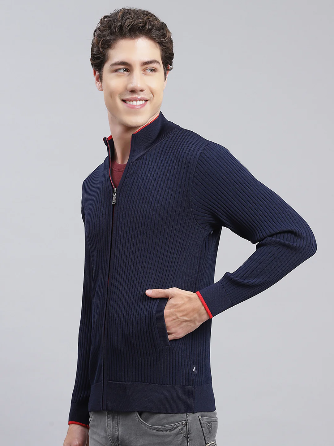 Men Navy Blue Self Design Wool blend Pullover - Image 3