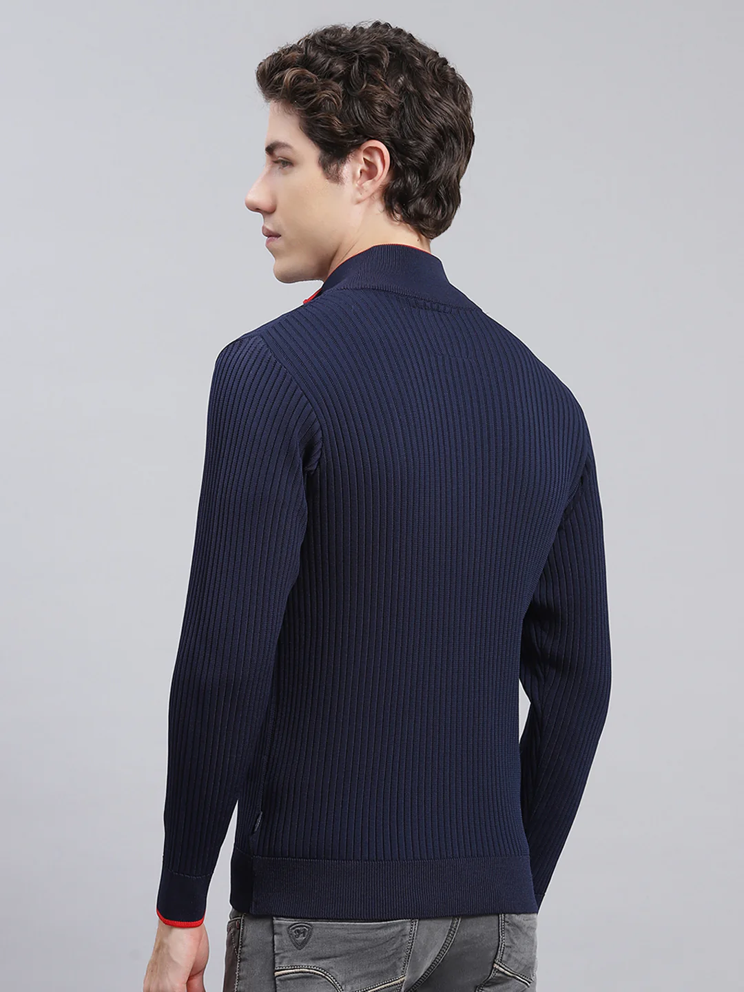 Men Navy Blue Self Design Wool blend Pullover - Image 4