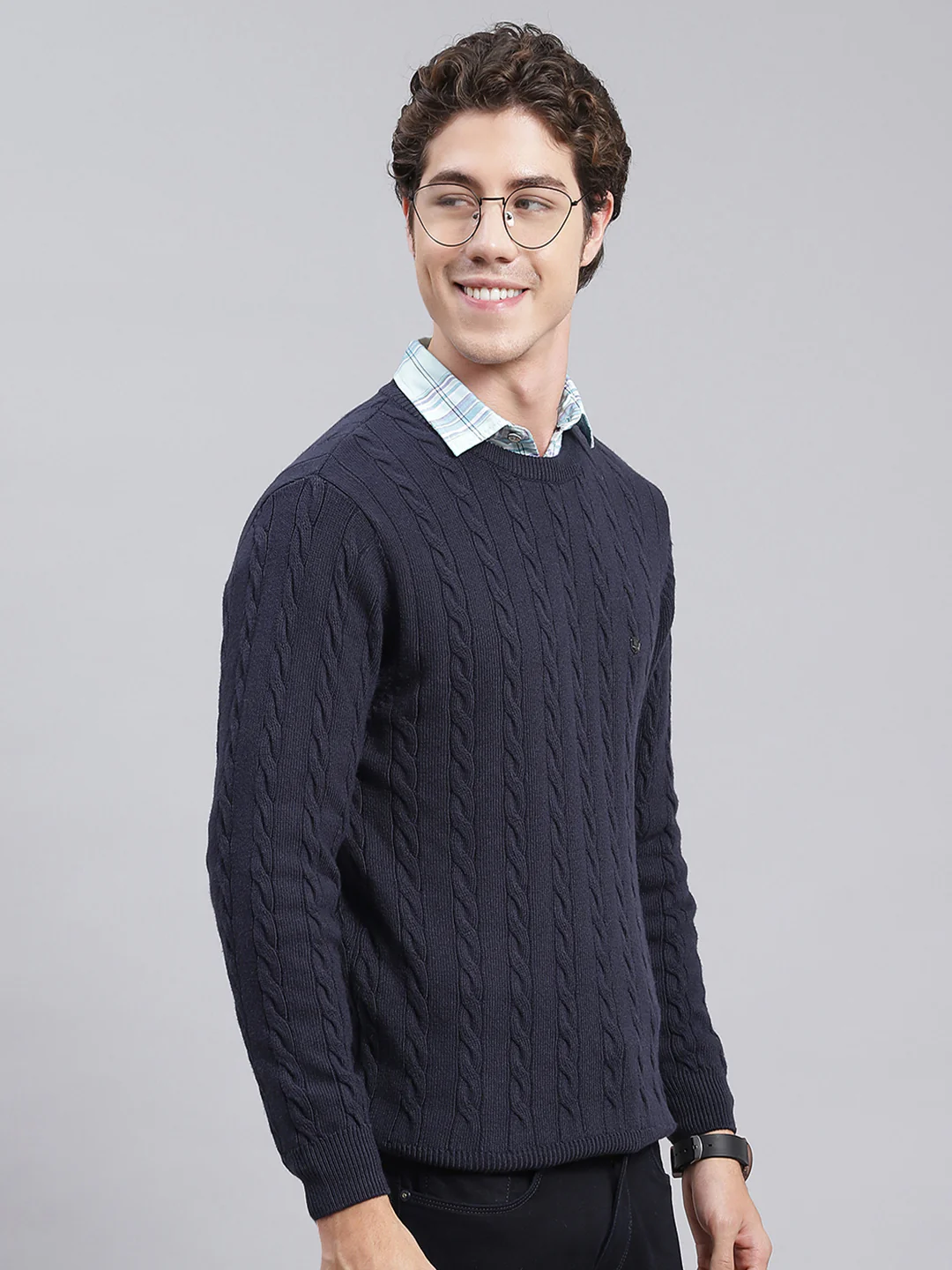 Men Navy Blue Self Design Wool blend Pullover - Image 2
