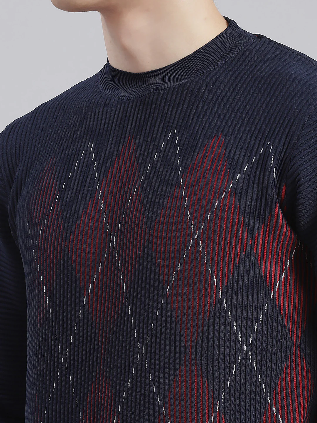 Men Navy Blue Self Design Round Neck Full Sleeve Sweaters/Pullovers - Image 7
