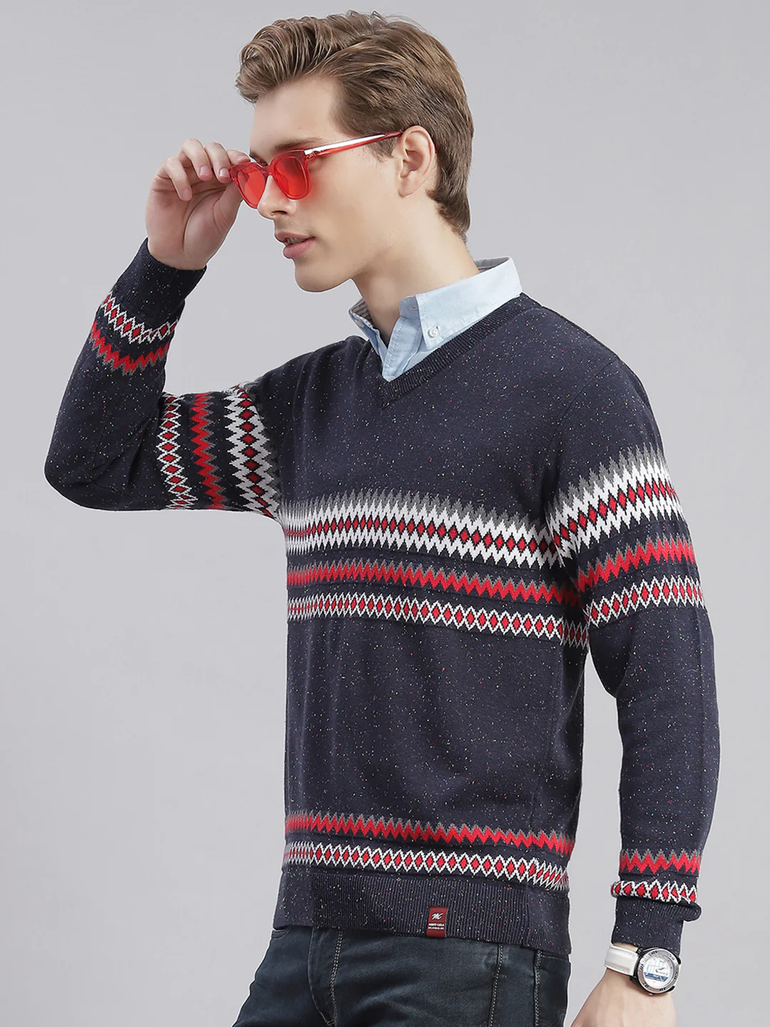 Men Navy Blue Self Design V Neck Full Sleeve Sweaters/Pullovers - Image 3