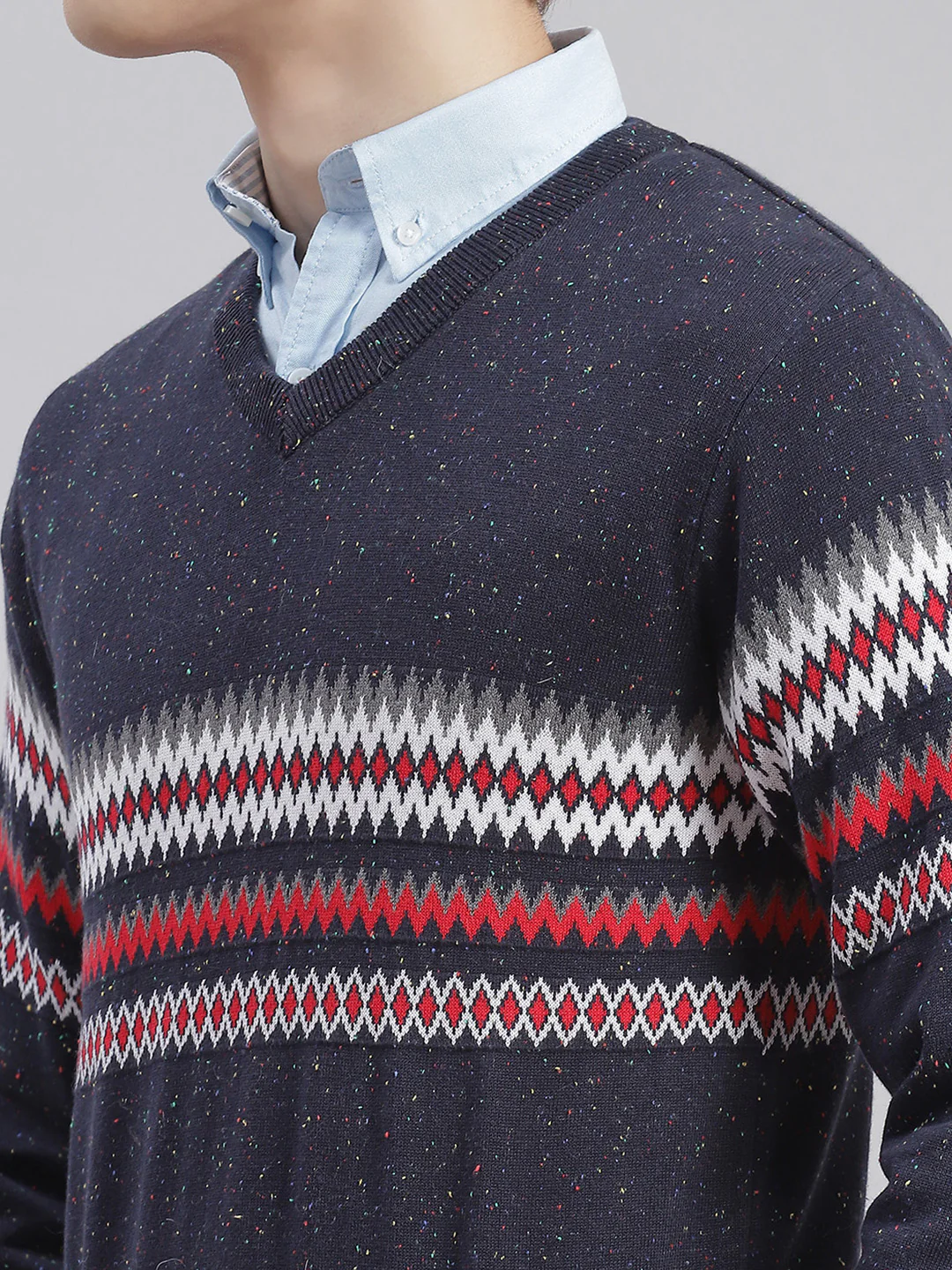 Men Navy Blue Self Design V Neck Full Sleeve Sweaters/Pullovers - Image 6