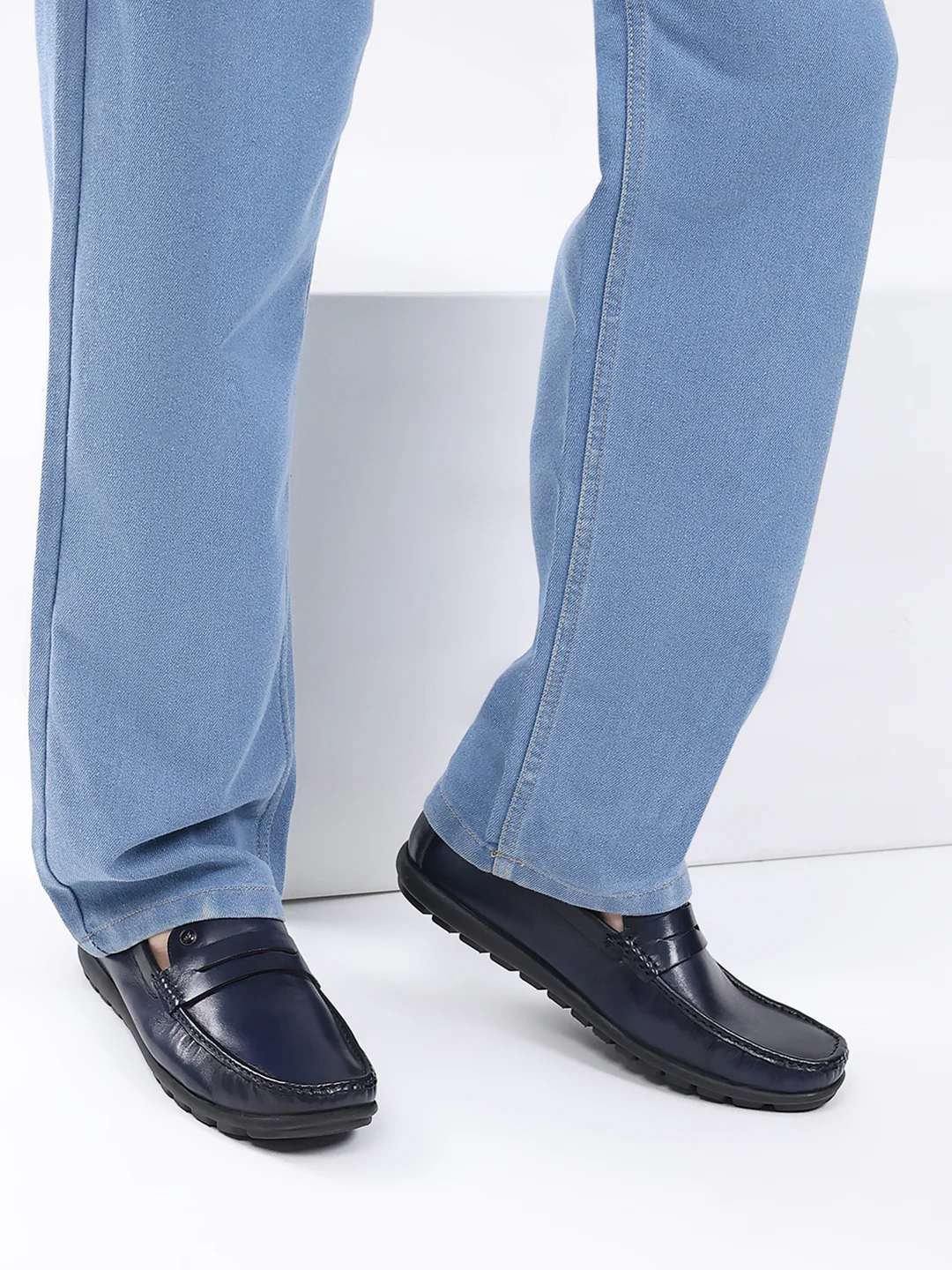 Men Navy Blue Slip on Leather Loafers - Image 10