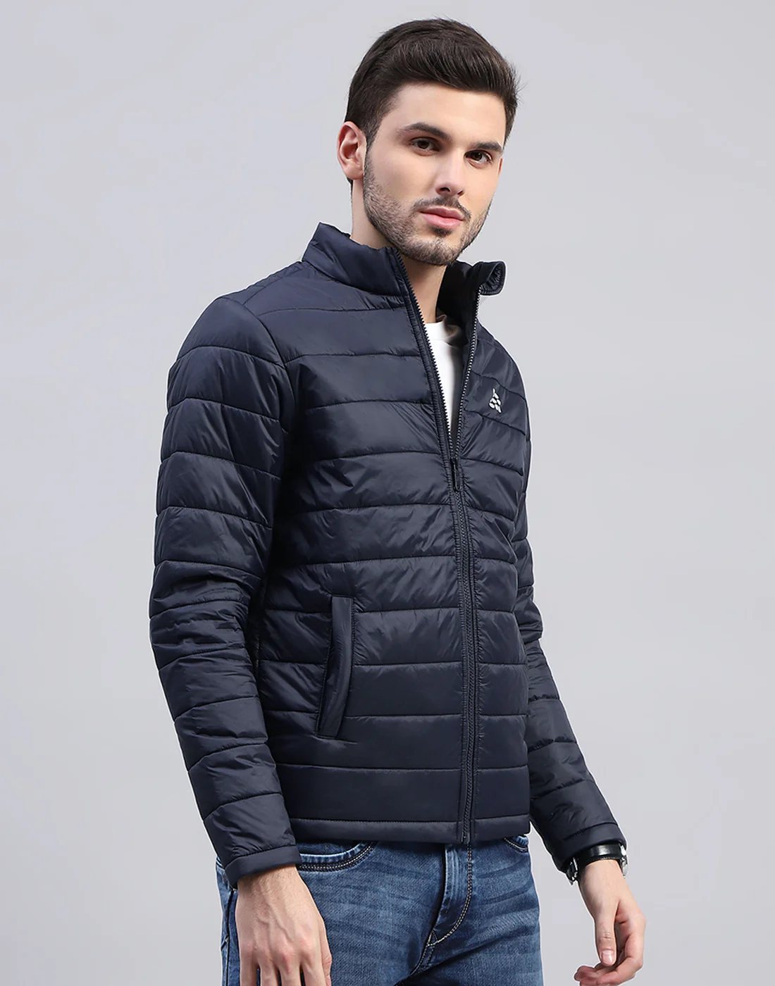 Rock.it Men Navy Blue Solid Band Collar Full Sleeve Jacket - Image 5