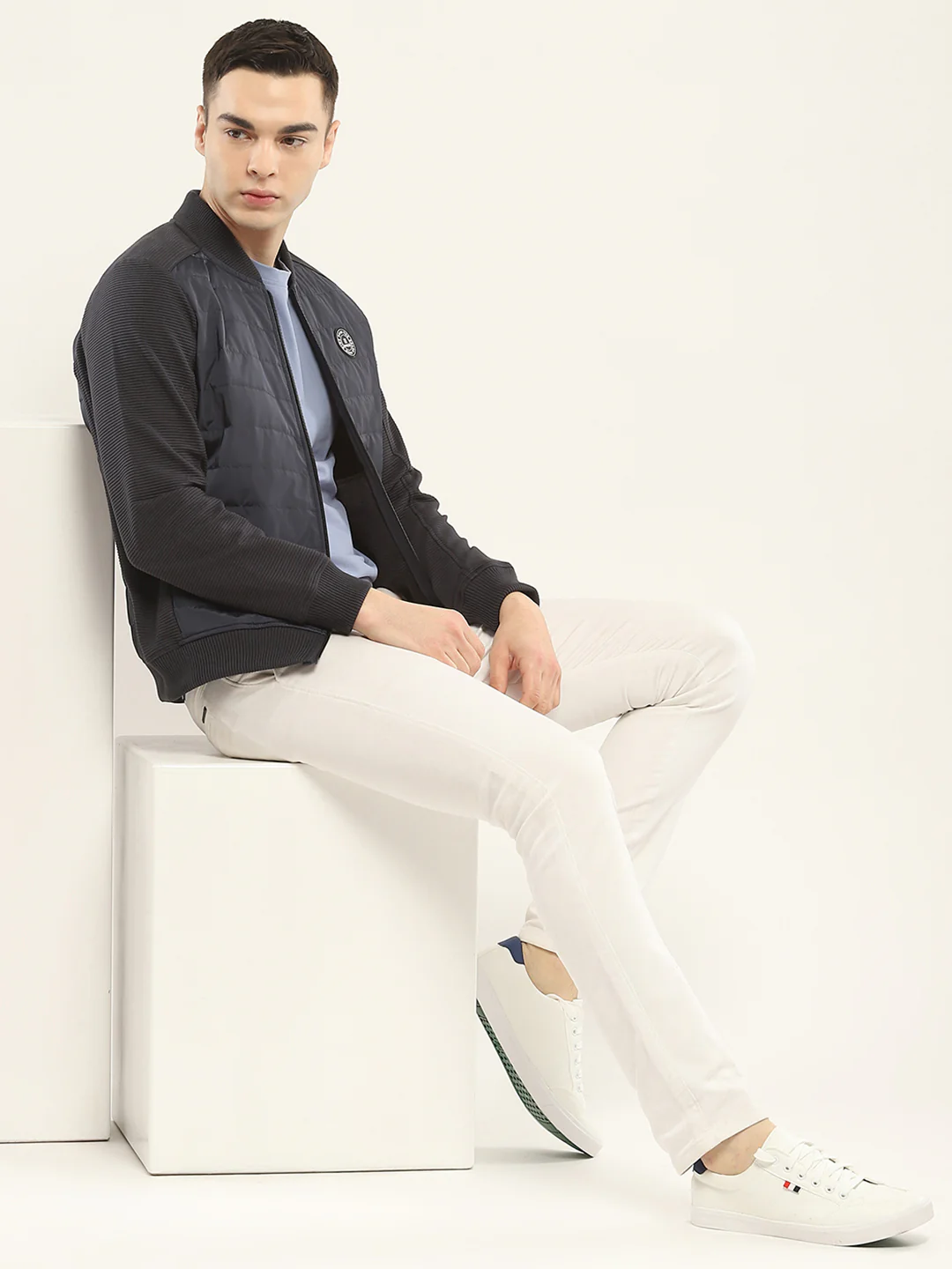 Rock.it Men Navy Blue Solid Band Collar Full Sleeve Jacket - Image 2