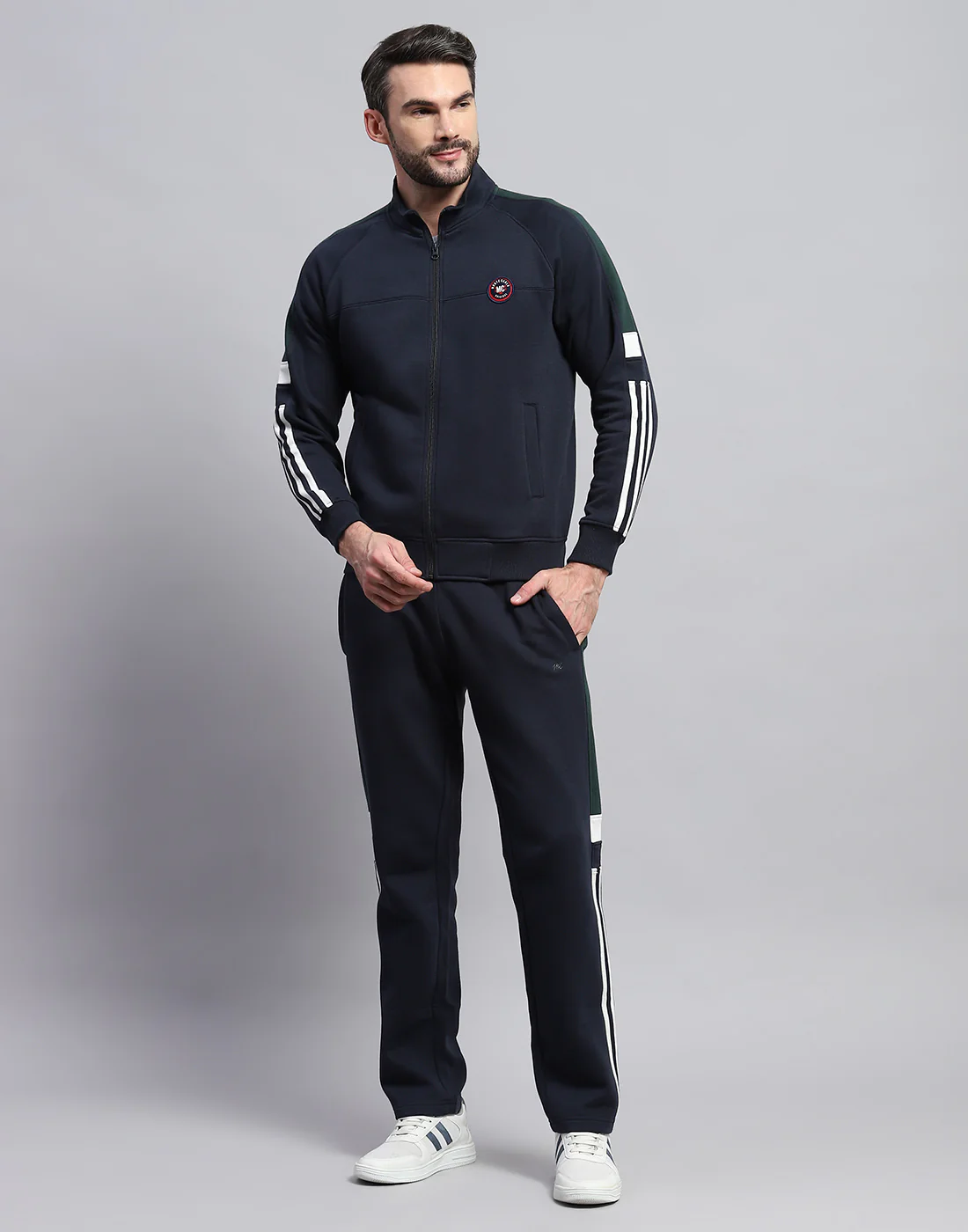 Men Navy Blue Solid Band Collar Full Sleeve Winter Tracksuit - Image 2