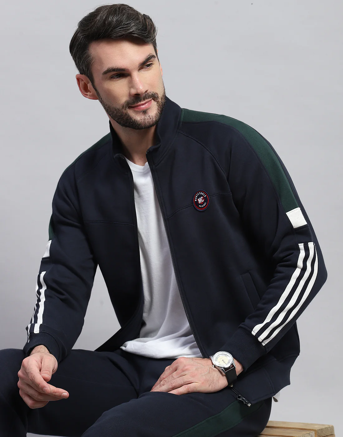 Men Navy Blue Solid Band Collar Full Sleeve Winter Tracksuit - Image 3