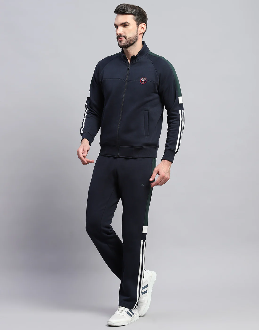 Men Navy Blue Solid Band Collar Full Sleeve Winter Tracksuit - Image 4