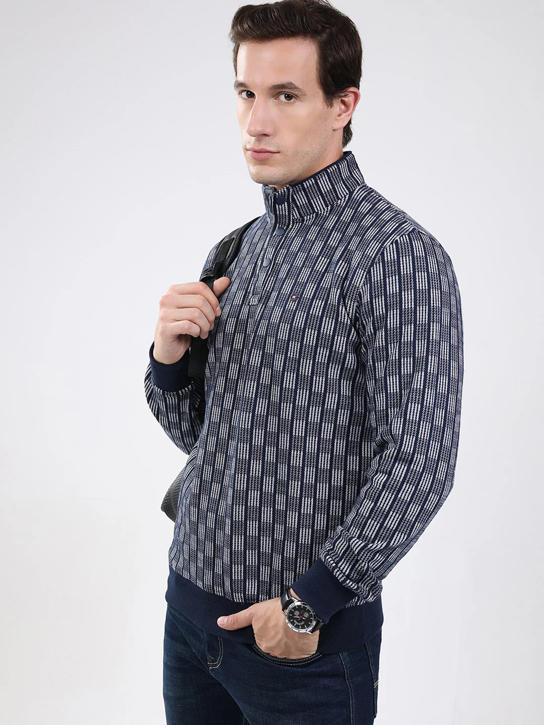 Men Navy Blue Solid Band Neck Full Sleeve Sweatshirt - Image 6