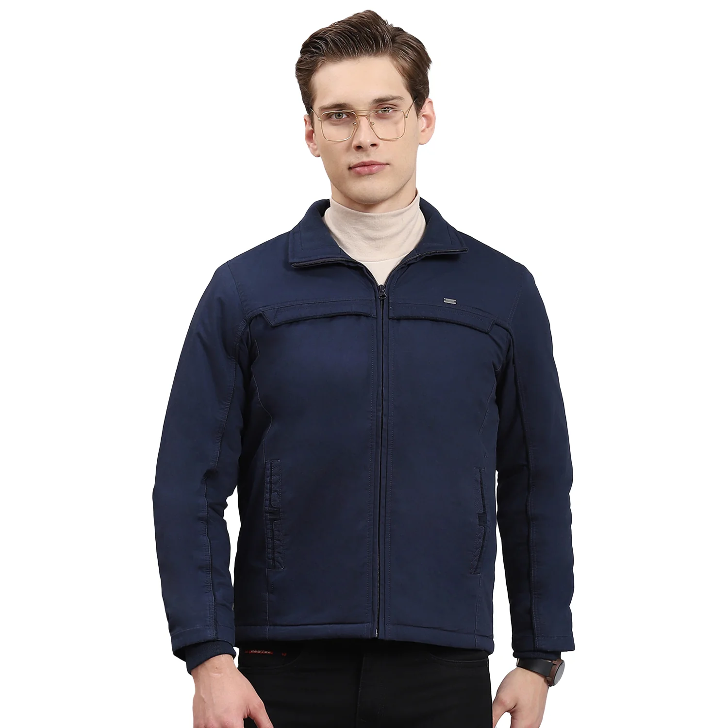 Men Navy Blue Solid Collar Full Sleeve Jacket - Image 5