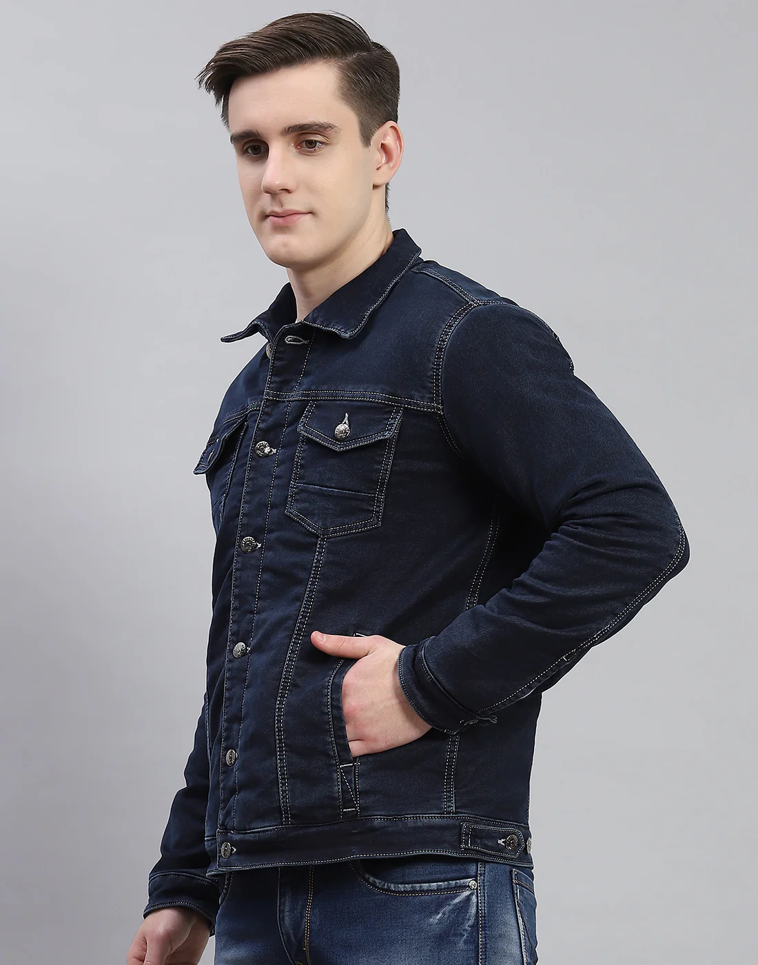 Men Navy Blue Solid Collar Full Sleeve Jacket - Image 4