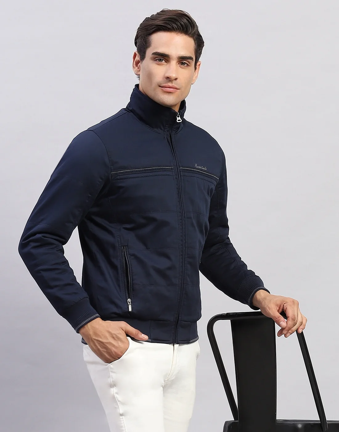 Men Navy Blue Solid Collar Full Sleeve Jacket - Image 6