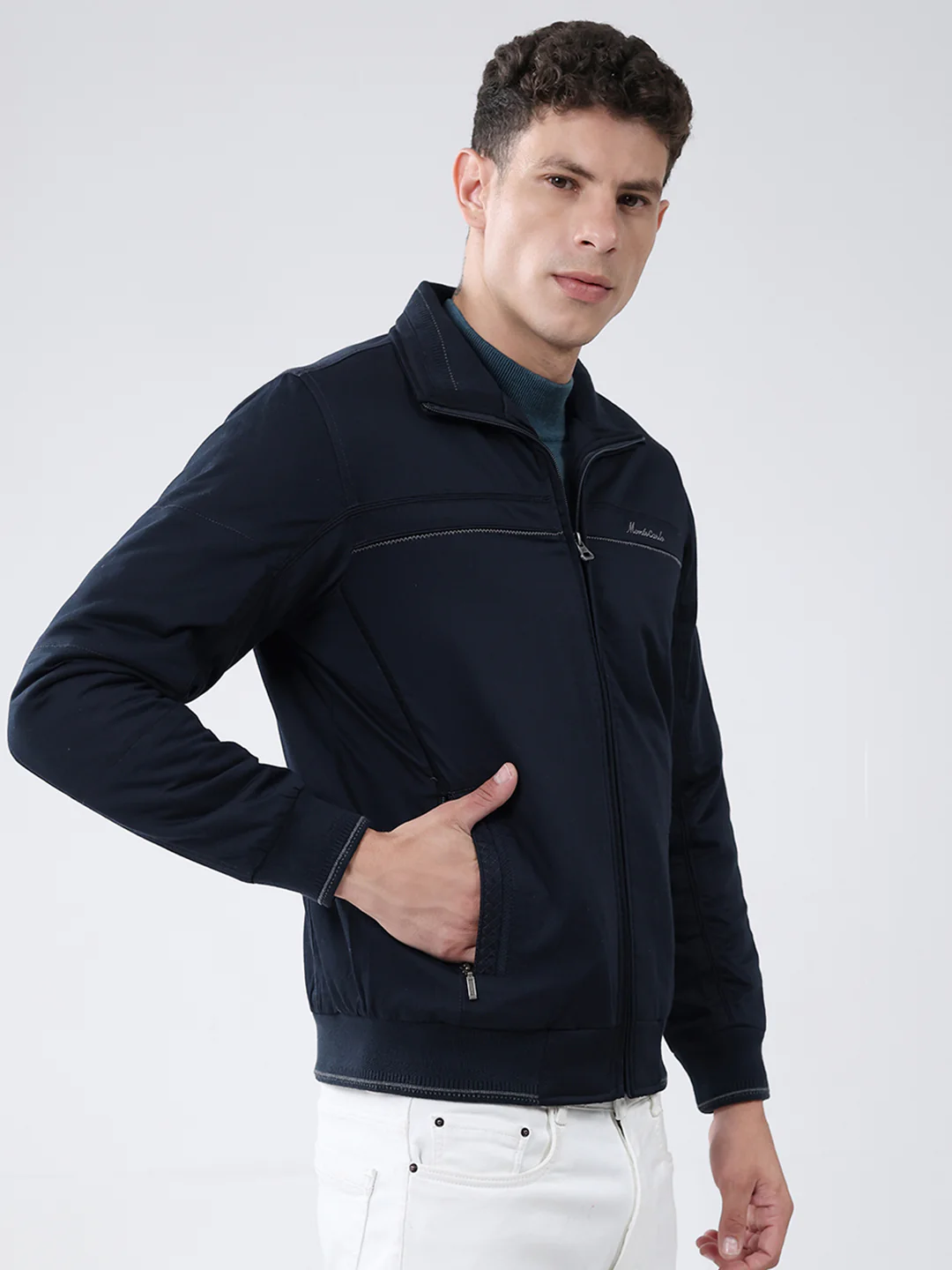 Men Navy Blue Solid Collar Full Sleeve Jacket - Image 4