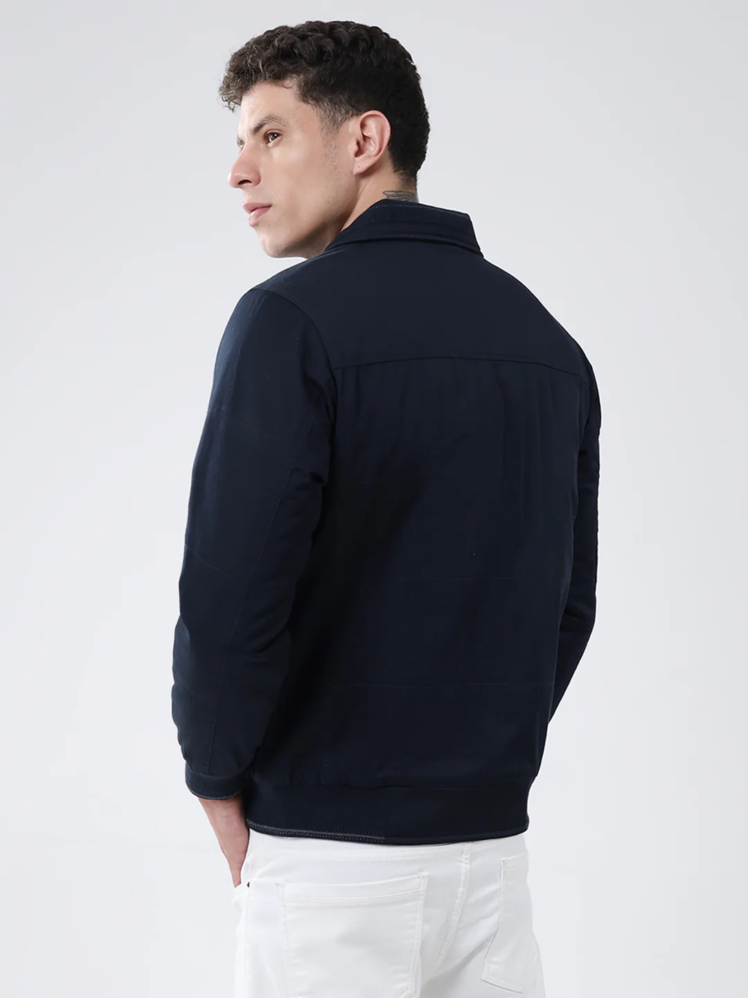 Men Navy Blue Solid Collar Full Sleeve Jacket - Image 5