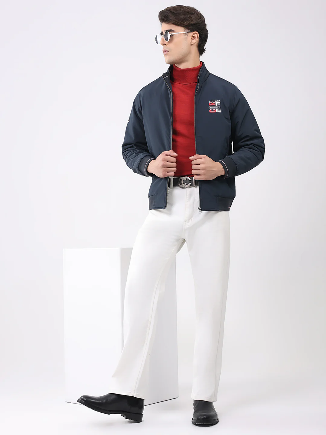 Men Navy Blue Solid Collar Full Sleeve Jacket - Image 2
