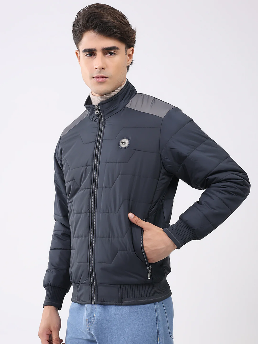 Men Navy Blue Solid Collar Full Sleeve Jacket - Image 3