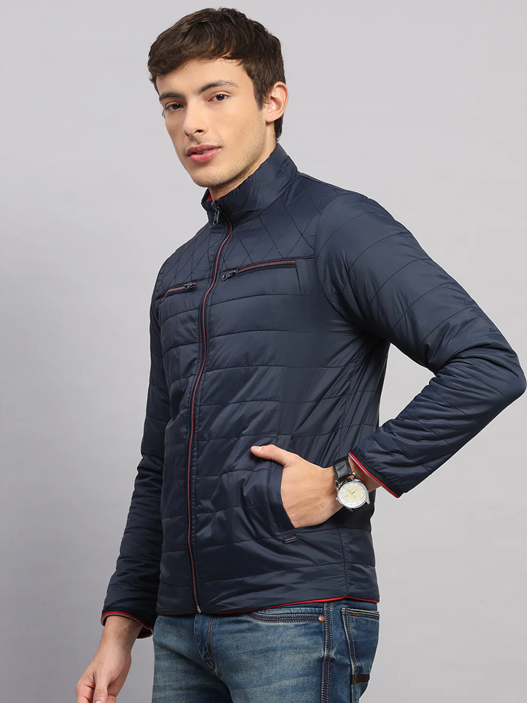 Men Navy Blue Solid Collar Full Sleeve Jacket - Image 3