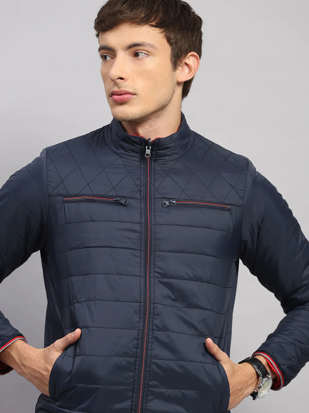 Men Navy Blue Solid Collar Full Sleeve Jacket - Image 9