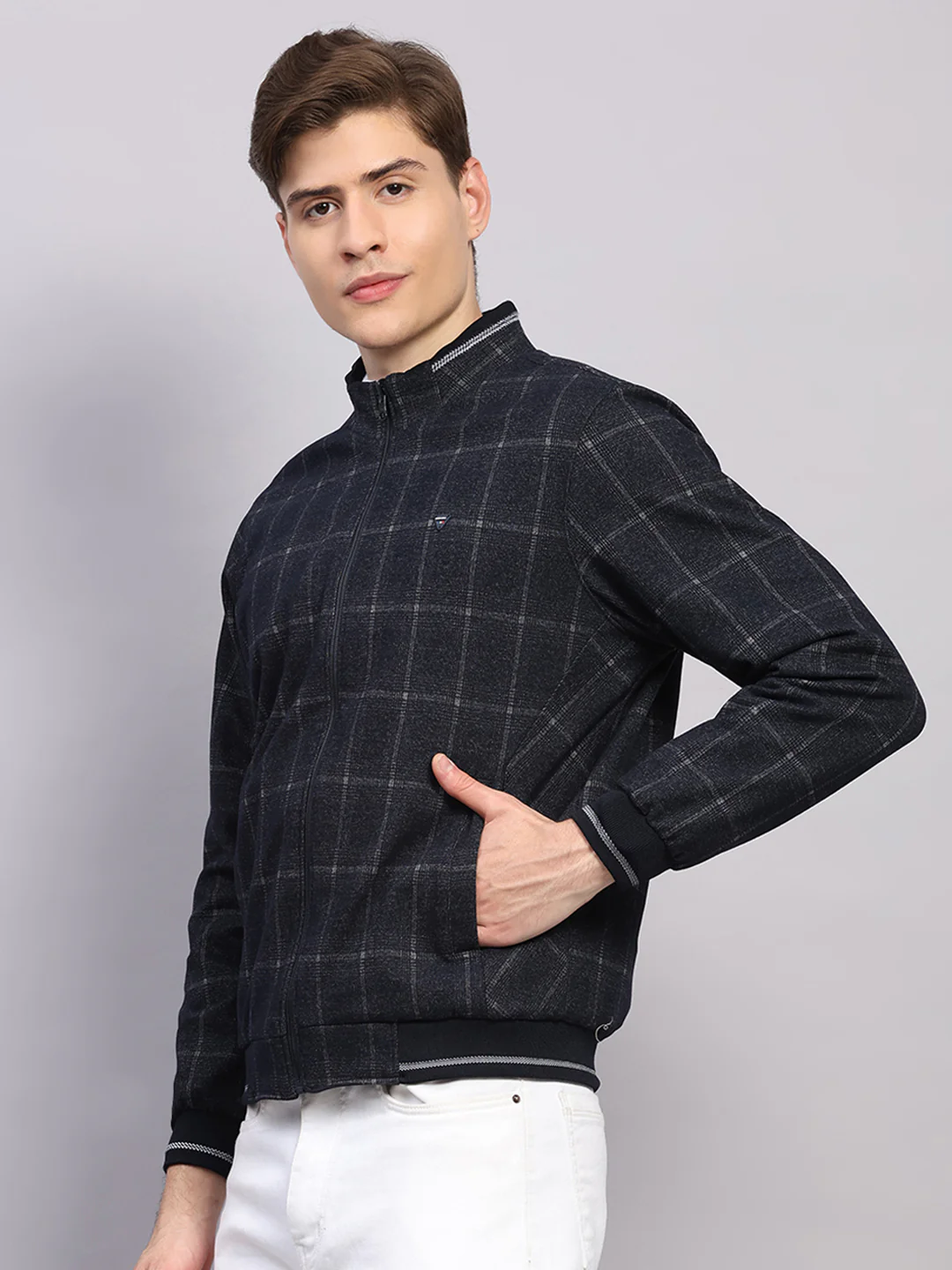 Men Navy Blue Solid Collar Full Sleeve Jacket - Image 7