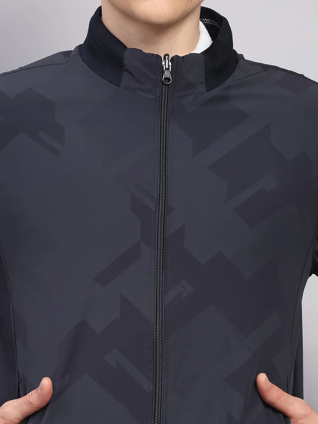 Men Navy Blue Solid Collar Full Sleeve Jacket - Image 9