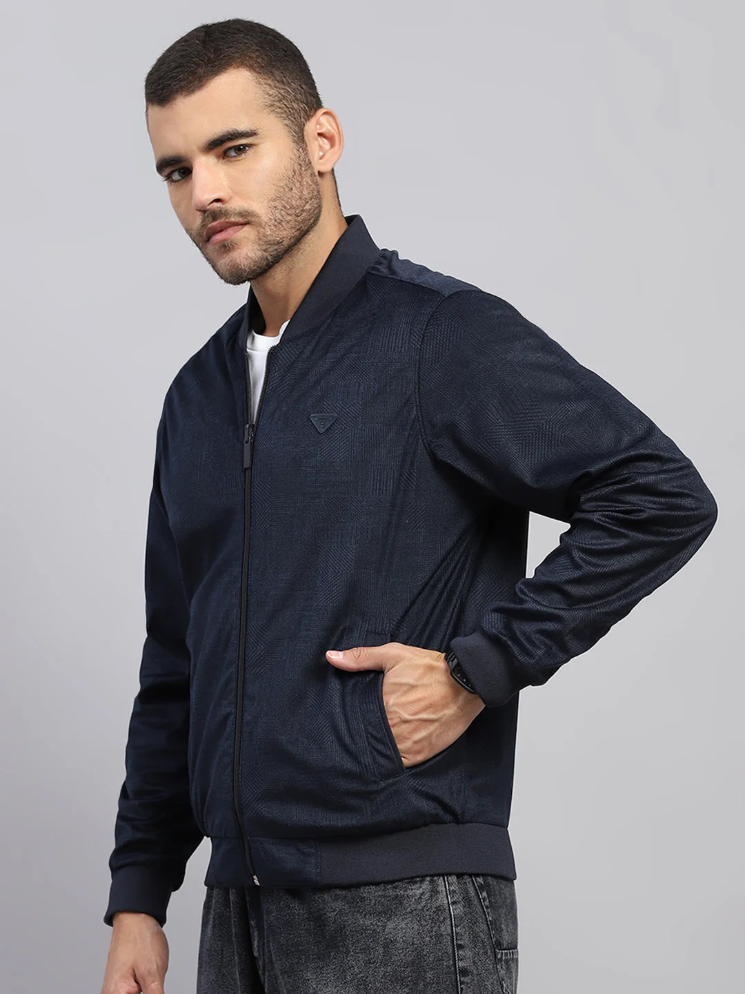 Men Navy Blue Solid Collar Full Sleeve Reversible Jacket - Image 3