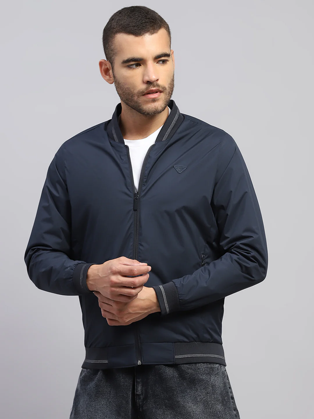 Men Navy Blue Solid Collar Full Sleeve Reversible Jacket - Image 6