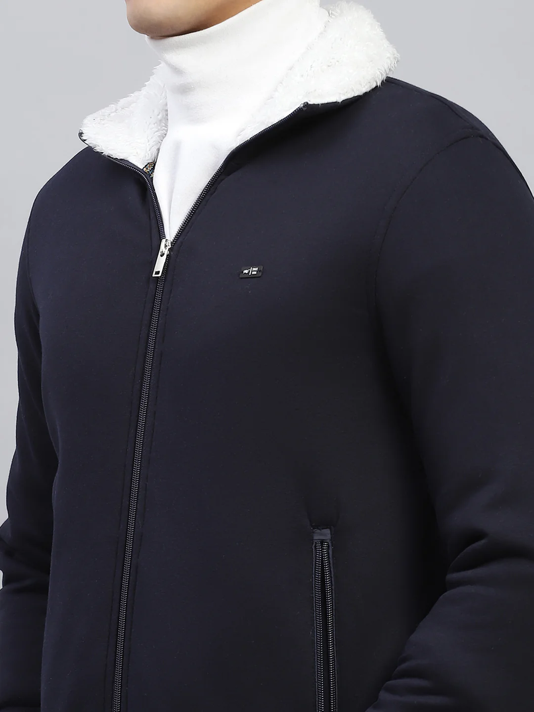 Men Navy Blue Solid Collar Full Sleeve Sweatshirt - Image 7