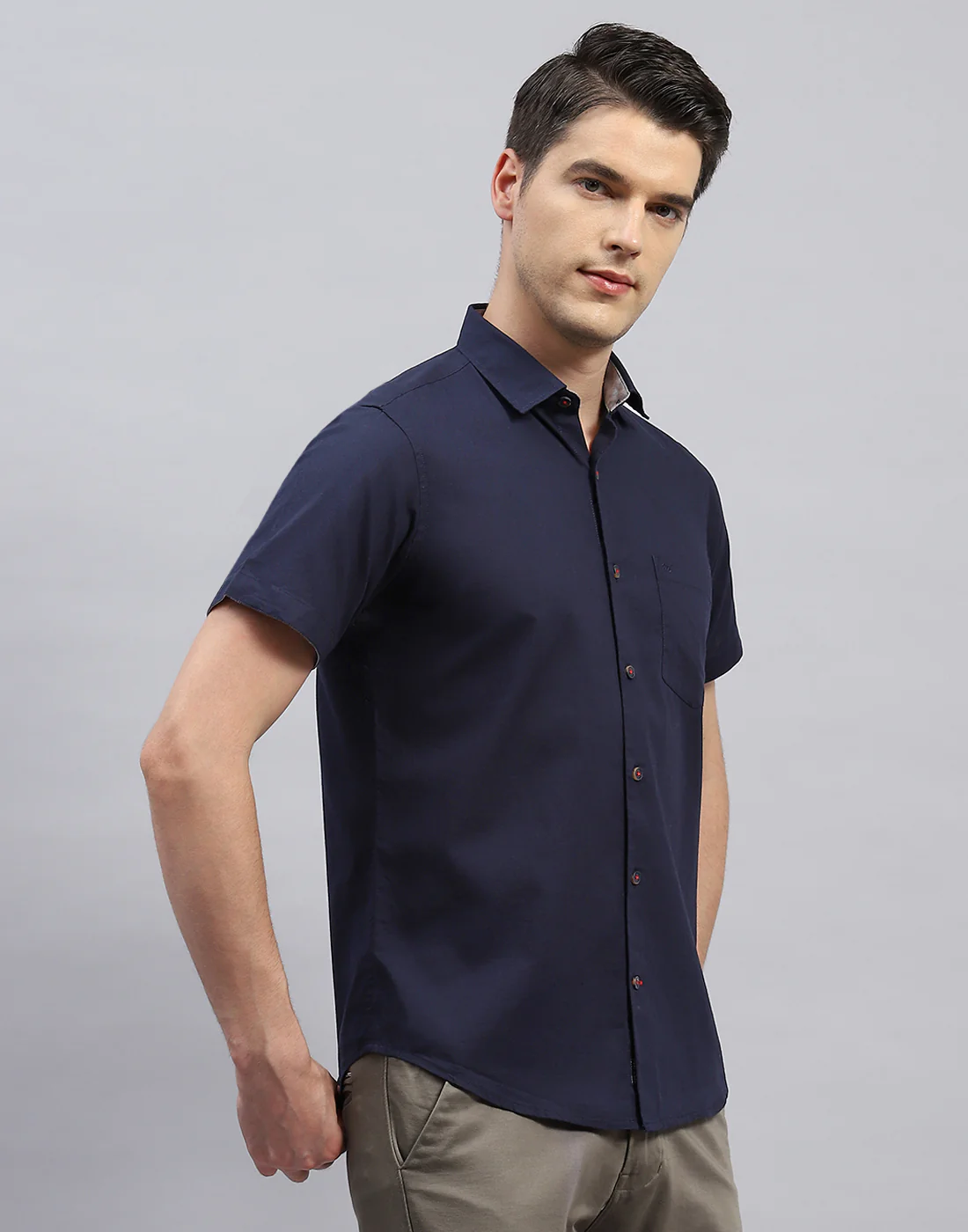 Men Navy Blue Solid Collar Half Sleeve Shirt - Image 4
